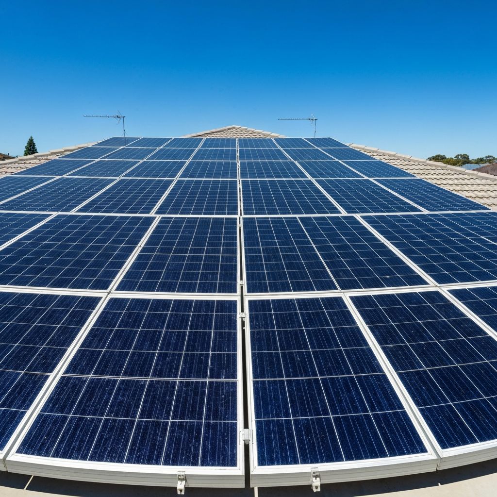 Spotless solar panels on a rooftop in bright Australian sunshine after professional cleaning